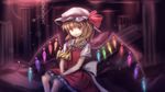  ascot asymmetrical_hair blonde_hair broken chain crystal expressionless flandre_scarlet hat hat_ribbon looking_at_viewer minust mob_cap red_eyes ribbon shirt short_sleeves side_ponytail sitting skirt skirt_set solo touhou wings 