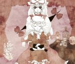  2girls black_hat bow check_commentary closed_eyes closed_mouth collared_dress commentary_request contrast_collar curtains dinotodon dress frilled_dress frilled_sleeves frills gap_(touhou) hair_bow hand_on_another's_chin hat hat_bow holding_another's_hat hourglass long_sleeves maribel_hearn multiple_girls red_bow red_ribbon ribbon sitting skull sleeve_garter smile standing tabard touhou white_bow white_dress wide_sleeves yakumo_yukari yukari_is_merry_theory_(touhou) 