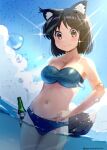  1girl animal_ears bikini black_hair blackminolith_(2ne) blue_bikini blue_sky blush borrowed_character bottle breasts brown_eyes cloud colorized commentary_request commissioner_name derivative_work hand_on_own_hip hiding highres hip_bones holding holding_bottle light_rays medium_breasts navel ocean original partially_submerged raccoon_ears raccoon_girl raccoon_tail sky solo strapless strapless_bikini sunbeam sunlight swimsuit tail twitter_username wet 