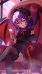  1girl :3 absurdres alternate_costume bat_wings black_dress black_hairband black_thighhighs blush bow bowtie closed_mouth commentary crossed_legs cup detached_sleeves dress drinking_glass frilled_hairband frills full_moon hair_between_eyes hairband highres holding holding_cup ichigousagi lolita_hairband moon night on_throne purple_hair red_bow red_bowtie red_eyes red_moon red_nails red_sky remilia_scarlet short_hair sitting sky smile solo thighhighs throne touhou wine_glass wings 