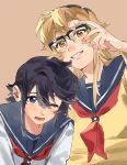  black-framed_eyewear black_hair black_headband black_sailor_collar blonde_hair blue_eyes cardigan grin headband highres jiguang_haibao koishikawa_iko long_sleeves looking_at_viewer momijiyama_teru neckerchief one_eye_closed open_mouth red_neckerchief sailor_collar scar scar_across_eyebrow scar_on_face school_uniform semi-rimless_eyewear serafuku shirt shy_(series) simple_background smile sweatdrop teeth white_shirt yellow_cardigan yellow_eyes 