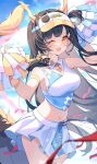  1girl ;d arm_strap arms_up artist_request black_hair blurry blurry_foreground breasts cheerleader commentary_request cowboy_shot detached_collar dragon_horns floating_hair highres horns li_mo_sumi long_hair looking_at_viewer medium_breasts midriff mole mole_under_eye navel one_eye_closed open_mouth pom_pom_(cheerleading) project-sp smile virtual_youtuber visor_cap yellow_eyes 