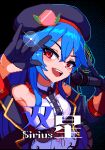  1girl \m/ absurdres alternate_costume armpits artist_name bare_shoulders black_jacket blue_hair blush brodall_pixel commentary_request corset gloves hair_between_eyes half_gloves hat highres hinanawi_tenshi holding holding_microphone idol jacket looking_at_viewer microphone open_clothes open_jacket open_mouth pixel_art red_eyes shirt sleeveless sleeveless_shirt smile solo teeth touhou upper_body upper_teeth_only white_shirt 