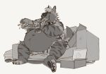 2026 anthro barefoot belly big_belly borizborito dessert doughnut eyes_closed feet food furniture greyscale hi_res huge_belly hyena kodali_(werewolfsocks) male mammal monochrome nude on_sofa pastry pawpads pizza sitting sitting_on_sofa smile sofa striped_hyena stuffing sub_sandwich weight_gain
