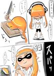  3koma 4shi bike_shorts comic cutting_board domino_mask food hair_over_eyes headphones highres holding holding_knife inkling kitchen_knife knife long_hair mask monster_girl orange_hair solo splatoon_(series) splatoon_1 sushi tentacle_hair translated 