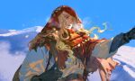  1boy androgynous bag black_gloves blonde_hair blue_eyes blue_sky breath day gloves ibuki_satsuki long_hair looking_ahead mountain open_mouth original outdoors outstretched_hand red_hood red_scarf satchel scarf shirt sky smile snow solo sunlight upper_body white_shirt 