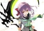  brown_eyes hiiragi_shinoa kero_sweet long_hair open_mouth owari_no_seraph purple_hair ribbon school_uniform scythe simple_background smile solo 