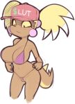anthro baseball_cap big_breasts bikini black_eyes breasts brown_body brown_scales clothing ear_piercing female front_view genitals hat headgear headwear iris_(scalie_schoolie) piercing plantpenetrator purple_bikini purple_clothing purple_swimwear pussy_floss reptile scales scalie scalie_schoolie simple_background solo spiked_tail spikes spikes_(anatomy) swimwear tail thick_thighs tuatara two-piece_swimsuit vulva white_background wide_hips yellow_sclera