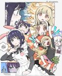  3girls :d absurdres animal_ears annoyed apron arms_up barefoot black_dress black_shirt blonde_hair blue_eyes blush cho_kaguya-hime! commentary_request dress enmaided fake_animal_ears green_eyes hair_rings highres juliet_sleeves kaguya_(cho_kaguya-hime!) llllwewewe long_hair long_sleeves maid maid_headdress multiple_girls multiple_views one_eye_closed open_mouth pink_shorts pleading_eyes profile puffy_sleeves purple_hair rabbit_ears runami_yachiyo sakayori_iroha shirt shorts smile sparkle spoken_squiggle squiggle standing t-shirt tears twitter_username white_apron 