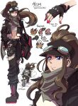  1girl alternate_costume alternate_universe baseball_cap belt blue_eyes boots brown_hair charm_(object) chibi dystopia emboar fingerless_gloves frown gloves goggles goggles_on_head goggles_on_headwear hat highres long_hair looking_at_viewer lycanroc mandibuzz midriff mienshao motor_vehicle motorcycle nail_polish pants pink_nails poke_ball pokemon pokemon_black_and_white ponytail rei_(esprei96) salazzle scarf shedinja studded thigh_belt thigh_strap 