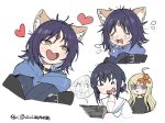  2girls :t anger_vein animal_ear_fluff animal_ears annoyed black_choker blonde_hair blue_hoodie brown_eyes chinese_commentary cho_kaguya-hime! choker commentary_request crying flying_sweatdrops forehead_jewel green_eyes heart heart-shaped_mouth heart-shaped_pupils highres hood hood_down hoodie japanese_clothes kaguya_(cho_kaguya-hime!) llllwewewe long_hair looking_at_another looking_to_the_side mole mole_under_eye multiple_girls multiple_views open_mouth parted_bangs pout purple_hair runami_yachiyo sailor_collar sakayori_iroha shirt short_hair smile snot spoken_character symbol-shaped_pupils tears twitter_username upper_body white_background white_shirt 