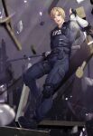  1boy black_gloves blonde_hair blue_eyes blue_shirt blue_vest chest_belt falling fingerless_gloves flashlight full_body furrowed_brow gloves highres holding holding_flashlight holding_rod holster knee_pads leon_s._kennedy long_sleeves male_focus open_mouth police police_uniform resident_evil resident_evil_2 rod shirt short_hair shoulder_pads solo standing standing_on_one_leg surprised tachiarai_kuri teeth thigh_holster undershirt upper_teeth_only vest white_shirt 