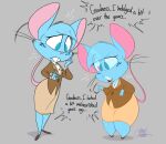 anthro big_ears blue_body blue_eyes blue_fur blue_hair bottomwear buckteeth clothing dialogue duo english_text female freckles fur hair hi_res mammal mia_mouse mouse murid murine overweight rodent signature silentjack skirt speech_bubble tail talking_to_self teeth text