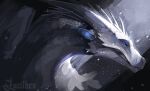  animal_focus blue_eyes clenched_teeth dragon from_side highres light_rays looking_at_viewer looking_to_the_side lucithen0 no_humans painterly portrait snow snowing teeth wings_of_fire winter_(wings_of_fire) 