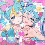  2girls :d ;d agejo_gyaru ahoge arm_warmers ashika_(yftcc948) blonde_streaks blue_arm_warmers blue_camisole blue_eyes blue_hair blush bow breasts brown_streaks camisole cleavage commentary decora dual_persona eurobeat fang flower gyaru hair_bow hair_ornament hatsune_miku heart heart_hands heart_hands_duo heisei_retro hibiscus highres jewelry letter_hair_ornament long_sleeves love_para_(vocaloid) mcbling multicolored_hair multiple_girls nail_art nail_ornament one_eye_closed pink_streaks pink_tube_top plumeria rhinestone shirt skin_fang skirt smile star_(symbol) star_hair_ornament sticker sticker_on_face strapless streaked_hair tube_top twintails virtual_pet_(toy) vocaloid y2k_fashion 