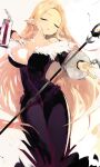  1girl black_dress blonde_hair breasts broken_handcuffs cleavage closed_eyes commentary_request disgaea dress fur-trimmed_dress fur_trim hand_on_own_chest healer_(disgaea) highres long_dress long_hair mermaid_dress off-shoulder_dress off_shoulder pointy_ears side_slit staff tsutsugano white_background 