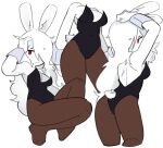 absurd_res anthro bunny_costume butt clothing costume cuffs_(clothing) dark_clothing female hair hi_res kopito kopito_(kopito) lagomorph mammal navel rabbit_ears rear_view red_eyes scut_tail short_tail solo tail white_body white_hair