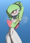 ambiguous_gender armpit_showing bodily_fluids chest_spike female_(lore) flat_chested gardevoir gekasso generation_3_pokemon green_hair hair hi_res humanoid nintendo pokemon pokemon_(species) raised_arms solo spikes spikes_(anatomy) standing sweat white_body white_skin