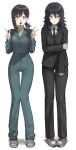  2girls absurdres anya_(mouthwashing) anya_(mouthwashing)_(cosplay) black_hair black_jacket black_necktie black_pants blood blue_jumpsuit brown_eyes brown_hair chainsaw_man closed_mouth collared_shirt commentary cosplay costume_switch crying crying_with_eyes_open double_v full_body grey_eyes grey_shoes hair_ornament hairclip higashiyama_kobeni higashiyama_kobeni_(cosplay) highres jacket jumpsuit k_hottok long_hair looking_at_viewer mole mole_under_eye mole_under_mouth mouthwashing multiple_girls multiple_moles necktie nosebleed pant_suit pants sandals shirt shoes simple_background standing straight-on suit suit_jacket tears thigh_gap v white_background white_shirt 