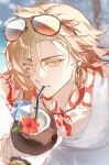  2boys arm_tattoo blonde_hair bracelet braid chest_tattoo coconut coconut_cup commentary_request drink drinking_straw earrings eyewear_on_head facial_tattoo fruit_as_cup glazed108642 gold_earrings gradient_hair highres honkai:_star_rail honkai_(series) jewelry korean_commentary looking_at_viewer male_focus medium_hair multicolored_hair multiple_boys mydei_(honkai:_star_rail) necklace phainon_(honkai:_star_rail) pov pov_hands red_hair red_tattoo side_braid solo_focus tank_top tattoo white_tank_top yellow_eyes 
