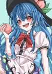  0917yuka 1girl absurdres black_hat blue_background blue_hair blush bow bowtie commentary food fruit hat highres hinanawi_tenshi holding holding_food holding_fruit long_hair looking_at_viewer open_mouth peach peach_hat_ornament rainbow_order red_bow red_bowtie red_eyes short_sleeves simple_background solo teeth touhou upper_teeth_only 
