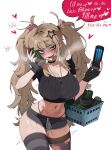  1girl absurdres bike_shorts bite_mark black_gloves black_thighhighs blonde_hair blush box breasts can choker crop_top dazed drooling earrings english_text fangs gloves gyaru hair_ornament heart highres holding holding_can jewelry large_breasts long_hair midriff miki_(dokidomiki) monster_energy necklace radon86_nya red_eyes saliva scar scar_on_stomach simple_background solo speech_bubble stud_earrings sweat thighhighs torn_clothes torn_thighhighs twintails 