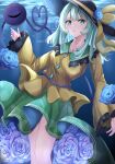  1girl black_hat blue_flower blue_rose bow breasts buttons collarbone commentary_request contrast_collar diamond_button dinotodon disembodied_linked_eye floral_print flower frilled_shirt_collar frilled_sleeves frills green_skirt hair_between_eyes hat hat_bow hat_flower heart heart_of_string highres komeiji_koishi light_rays long_hair long_sleeves rose rose_print shirt skirt sleeves_past_wrists solo touhou underwater wide_brim wide_sleeves yellow_bow yellow_shirt 