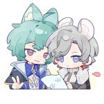  2boys ahoge animal_ears armor belt blue_hair blue_shirt cat_ears chest_harness chibi closed_mouth coat collared_shirt commentary_request earrings fur-trimmed_coat fur_trim genshin_impact green_hair grey_hair harness highres holding holding_paper illuga_(genshin_impact) jewelry lohen_(genshin_impact) long_sleeves male_focus mole mole_under_eye mouse_ears multicolored_hair multiple_boys paper parted_lips paw_print qiezi36 red_hair shirt shoulder_armor single_earring smile sweater turtleneck turtleneck_sweater two-tone_hair upper_body v white_background 