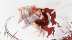  2boys absurdres aged_down antenna_hair bandaged_leg bandages barefoot black_shorts black_tank_top blonde_hair braid cape commentary gradient_hair grey_shirt highres honkai:_star_rail honkai_(series) lap_pillow lying male_focus medium_hair mohr_rr multicolored_hair multiple_boys mydei_(a_trail_of_bygone_blood)_(honkai:_star_rail) mydei_(honkai:_star_rail) on_side phainon_(a_dream_scented_in_wheat)_(honkai:_star_rail) phainon_(honkai:_star_rail) red_cape red_hair shirt short_hair shorts side_braid side_cape tank_top white_hair yellow_eyes 