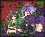  2girls :| abstract_background aksawshin black_border black_gloves black_hair black_socks blue_shorts border closed_mouth commentary dress elbow_gloves flower flower_on_head from_side full_body gloves green_shirt hand_on_another's_cheek hand_on_another's_face indian_style kneehighs kneeling long_hair looking_at_viewer multiple_girls nippaku_zanmu open_mouth pixel_art purple_dress purple_headdress red_eyes sandals shirt shorts sitting small_horns socks straight-on toes touhou untranslatable_commentary very_long_hair wide_sleeves yomotsu_hisami 