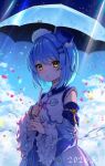  1girl above_clouds artist_name blue_hair blue_sky blue_sleeves blue_umbrella cloud commentary_request confetti cowboy_shot dated day detached_sleeves dress fur-trimmed_sleeves fur_trim hair_intakes hair_ornament hairclip highres holding holding_umbrella lens_flare light_particles light_rays looking_ahead looking_at_viewer natsume_k one_side_up original parted_lips pink_ribbon pom_pom_(clothes) pom_pom_hair_ornament ribbon short_hair sidelocks single_bare_shoulder sky sleeveless sleeveless_dress solo sunbeam sunlight twitter_username umbrella water white_dress wide_sleeves yellow_eyes 