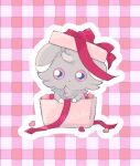  animal_focus bblin820 blue_eyes box cat closed_mouth colored_sclera commentary_request espurr gift gift_box grey_fur heart looking_at_viewer no_humans pink_background plaid_background pokemon pokemon_(creature) pokemon_focus purple_sclera red_ribbon ribbon simple_background solo 