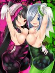  aori_(splatoon) aori_(splatoon)_(cosplay) armpits asymmetrical_docking black_hair blue_eyes breast_press breasts cosplay gloves hair_ornament hair_over_one_eye hamakaze_(kantai_collection) highres hotaru_(splatoon) hotaru_(splatoon)_(cosplay) isokaze_(kantai_collection) kantai_collection long_hair looking_at_viewer medium_breasts multiple_girls one_eye_closed pantyhose red_eyes short_hair short_jumpsuit silver_hair sin_(kami148) splatoon_(series) splatoon_1 wings 