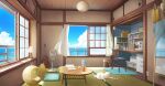  book cabinet cat chair chest_of_drawers commentary_request electric_fan electric_plug full-length_mirror guitar highres indoors instrument mirror no_humans ocean open_book original scenery sewing_machine shore wooden_ceiling wooden_chair yoh4038 