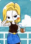  android_18 bird blonde_hair blue_eyes blue_skirt chibi cloud cowboy_shot cup day dragon_ball dragon_ball_z drinking_glass drinking_straw earrings horizon jewelry looking_at_viewer outdoors pantyhose pencil_skirt sepia_(sepia_la_mode) skirt sky solo source_request water 
