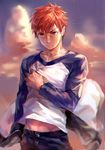  emiya_shirou fate/stay_night fate_(series) highres male_focus nianbingzi orange_eyes raglan_sleeves red_hair solo 