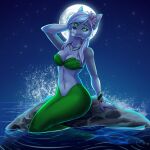 1:1 absurd_res accessory anthro aquatic bare_shoulders belassa bra breasts canid canine canis cleavage clothed clothing female flower flower_bracelet flower_in_hair full_moon glowing glowing_eyes green_body green_bra green_clothing green_eyes green_scales green_tail green_underwear hair hair_accessory hand_behind_head hi_res jewelry long_hair mammal merfolk mermaid_tail mermay mermay_2025 moon navel necklace night nyra_(rikuthemermage) on_rock outside partially_submerged plant pose rock scales sea seashell_bra siren sitting sitting_on_rock sky solo split_form star strapless_bra strapless_clothing strapless_underwear tail underwear water white_hair wolf