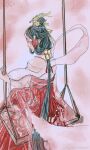  1girl bare_arms bare_shoulders beads black_hair chinese_clothes chinese_commentary choker closed_mouth commentary_request dress facial_mark feather_hair_ornament feathers feet_out_of_frame floral_print forehead_jewel forehead_mark from_behind gem gold_choker hagoromo hair_beads hair_ornament hair_tubes half_updo happy long_dress long_hair looking_at_viewer looking_back low_ponytail nikki_(series) on_swing pleated_dress pointy_nose ponytail print_dress red_background red_dress shawl shining_nikki sight_of_the_moon_(shining_nikki) sitting smile solo strapless strapless_dress swing topknot traditional_media very_long_hair watermark weibo_watermark yellow_gem yuyulu_(weibo_6545418714) 
