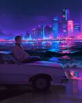  1boy bomber_jacket car city_lights commentary drive_(movie) driver_(drive) hand_in_pocket highres jacket male_focus motor_vehicle night outdoors risa_ili sky solo star_(sky) town 