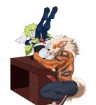 anal anthro arcanine bodily_fluids bottomwear clothed clothing cum cum_in_ass cum_inside desk femboy footwear furniture generation_1_pokemon generation_4_pokemon genital_fluids genitals hi_res humanoid_genitalia humanoid_penis legendary_pokemon male male/male muscular nintendo oral pants partially_clothed penis pokemon pokemon_(species) rimming sex shay shaymin soccer_socks soccer_uniform socks sportswear table underwear underwear_down uniform