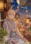 1boy against_wall animal_ears aqua_corset architecture baishuo_(shining_nikki) brown_eyes brown_hair chinese_commentary circlet city commentary_request corset cowboy_shot crescent drink east_asian_architecture extra_ears eyes_visible_through_hair full_moon hair_between_eyes highres holding holding_drink kirina_zero lantern light_blush light_smile long_hair long_sidelocks looking_ahead male_focus moon nikki_(series) outdoors paper_lantern parted_bangs parted_lips pointy_nose purple_hanfu purple_robe rabbit_boy rabbit_ears robe shining_nikki sidelocks sitting smoke solo twilight waist_tassel window_blinds xiangyun 