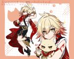  1boy aged_down alternate_costume amamizu_(shigure-doki) animalization arm_tattoo black_boots black_shorts blonde_hair boots braid cat commentary_request facial_tattoo gradient_hair honkai:_star_rail honkai_(series) male_focus medium_hair multicolored_hair mydei_(honkai:_star_rail) person_and_animalization red_hair red_scarf red_tattoo scarf shorts side_braid solo tank_top tattoo watermark white_tank_top yellow_eyes 