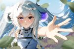  1girl ahoge aquwa black_eyes blue_hair blue_sky braid chest_harness crescent crescent_hair_ornament demise_(official_makuu) hair_between_eyes hair_intakes hair_ornament harness heterochromia highres indie_virtual_youtuber long_hair looking_at_viewer multicolored_hair open_mouth outdoors purple_eyes reaching reaching_towards_viewer shirt sidelocks sky sleeveless sleeveless_shirt solo sphere_hair_ornament twintails two-tone_hair virtual_youtuber white_hair 
