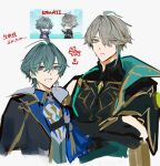  2boys :d ahoge alhaitham_(genshin_impact) antenna_hair armor belt belt_collar black_belt black_shirt blue_shirt cape chest_jewel chibi chibi_inset choker coat collar collared_shirt commentary_request crossed_arms earrings eyes_visible_through_hair gem genshin_impact gloves green_cape green_eyes green_hair grey_hair grin hair_between_eyes hair_over_eyes headphones highres jewelry lohen_(genshin_impact) long_sleeves male_focus mole mole_under_eye multicolored_eyes multiple_boys one_eye_covered parted_lips partially_fingerless_gloves screenshot_inset shirt short_hair shoulder_armor single_earring sleeveless sleeveless_shirt smile standing upper_body vision_(genshin_impact) white_background 