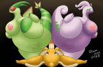 anthro anus areola big_breasts black_background breasts brown_eyes dragon dragonite drain_scat female flygon generation_1_pokemon generation_3_pokemon generation_6_pokemon genitals glans goodra green_body green_eyes group hi_res humanoid_genitalia humanoid_penis looking_at_another looking_down lying male male/female multicolored_body mythological_creature mythological_scalie mythology nintendo nipples on_back one_leg_up orange_body penis pink_areola pink_nipples pokemon pokemon_(species) purple_body raised_leg red_eyes scalie simple_background tan_body trio two_tone_body vulva