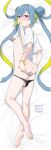  1girl ass astral_party bare_legs barefoot bed_sheet black_panties blush censored clearite clothes_pull colored_inner_hair convenient_censoring copyright_name dakimakura_(medium) double_bun feet full_body hair_bun highres long_hair looking_at_viewer lying megas_(astral_party) multicolored_hair on_side panties presenting_breasts presenting_own_ass presenting_own_body purple_eyes shirt shirt_pull sidelocks solo twintails underwear undressing very_long_hair white_shirt 