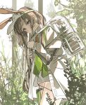 1girl absurdres amiya_(arknights) animal_ears arknights backpack bag blue_eyes blush brown_hair chinese_commentary closed_mouth coat commentary coomlee highres long_hair looking_at_viewer open_clothes open_coat rabbit_ears rabbit_girl shirt skirt solo transparent_bag visor_cap white_coat white_shirt white_skirt 