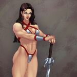  1girl abs armor asymmetrical_bangs bare_legs bare_shoulders bikini_armor bracer breasts brown_hair cleavage commentary_request facing_to_the_side fingernails golden_axe golden_axe_ii hair_behind_ear hand_on_hilt highres jiggeh lips lipstick long_hair looking_to_the_side makeup muscular muscular_female navel nose obliques red_lips sega simple_background solo sword tyris_flare upper_body warrior weapon 