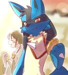 2026 3_fingers ambiguous_gender anthro arnd_dawn black_body black_fur black_inner_ear black_nose blue_body blue_fur blurred_background blush blush_lines cheek_tuft chest_spike closed_smile clothed clothed_human clothing cute_fangs duo facial_tuft fangs fingers fist fur generation_4_pokemon gold_medal hair hand_spike head_tuft hi_res holding_medal holding_object human looking_at_viewer lucario mammal medal mouth_closed multicolored_body multicolored_fur neck_tuft nintendo open_mouth open_smile paws pokemon pokemon_(species) red_eyes smile spikes spikes_(anatomy) standing tail tan_body tan_fur teary_eyes teeth tuft