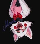  1girl animal_ears animal_nose artist_name black_background blood blood_in_mouth body_fur bow bowtie commentary five_nights_at_freddy's five_nights_at_freddy's_2 fox_ears fox_girl furry furry_female glowing glowing_eyes mangle miawic open_mouth pink_fur red_bow red_bowtie sharp_teeth simple_background snout solo teeth upper_body upside-down white_fur 